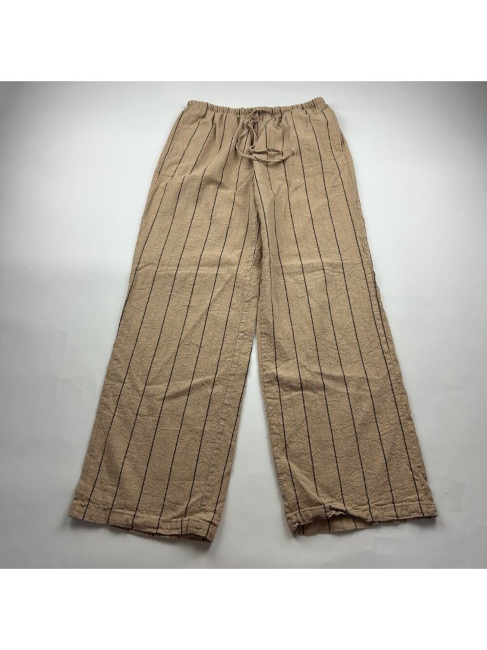 Love Tree Warm Tan Striped Linen Blend Wide Leg Pant L - Picture 1 of 7
